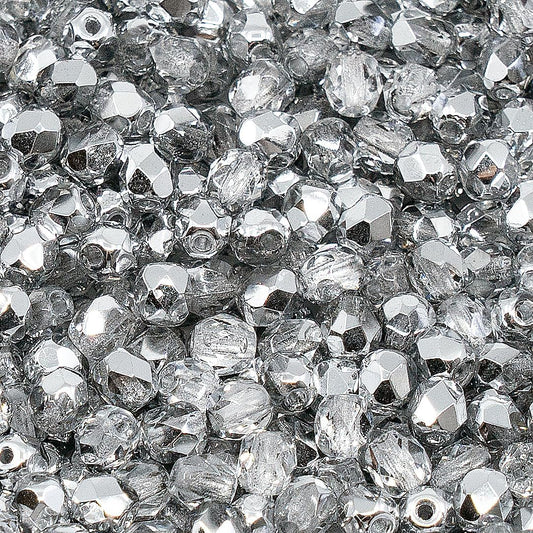 100 pcs of Faceted Fire Polished Pressed Czech Glass Beads 4mm (0.16in), Crystal Silver Aluminum Labrador 00030-27001 BCV