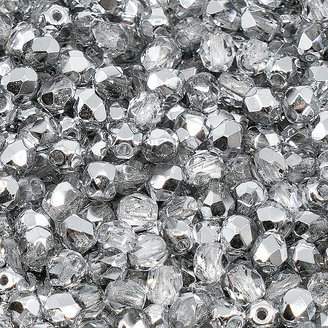 1.8 oz (50g, Approx. 600pcs) of Faceted Fire Polished Pressed Czech Glass Beads 4mm (0.16in), Crystal Silver Aluminum Labrador 00030-27001 BCV