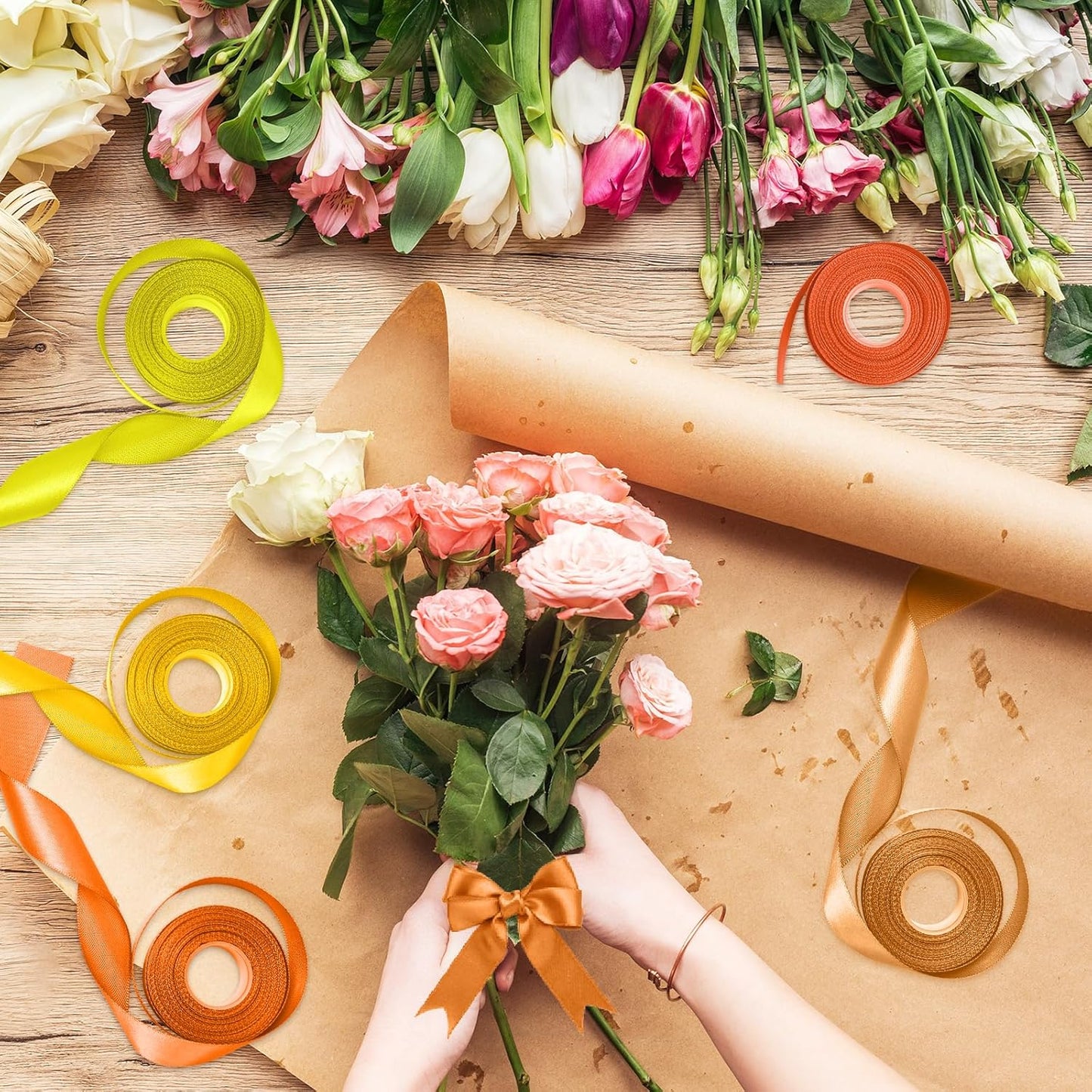 1-1/2 Inch Orange Satin Ribbons for Crafts, 6 Rolls Single-Faced Orange Assorted Ribbons for Gift Wrapping Flower Bouquet Wedding Invitations Bridal Shower Hair Bows Garland Party Decor