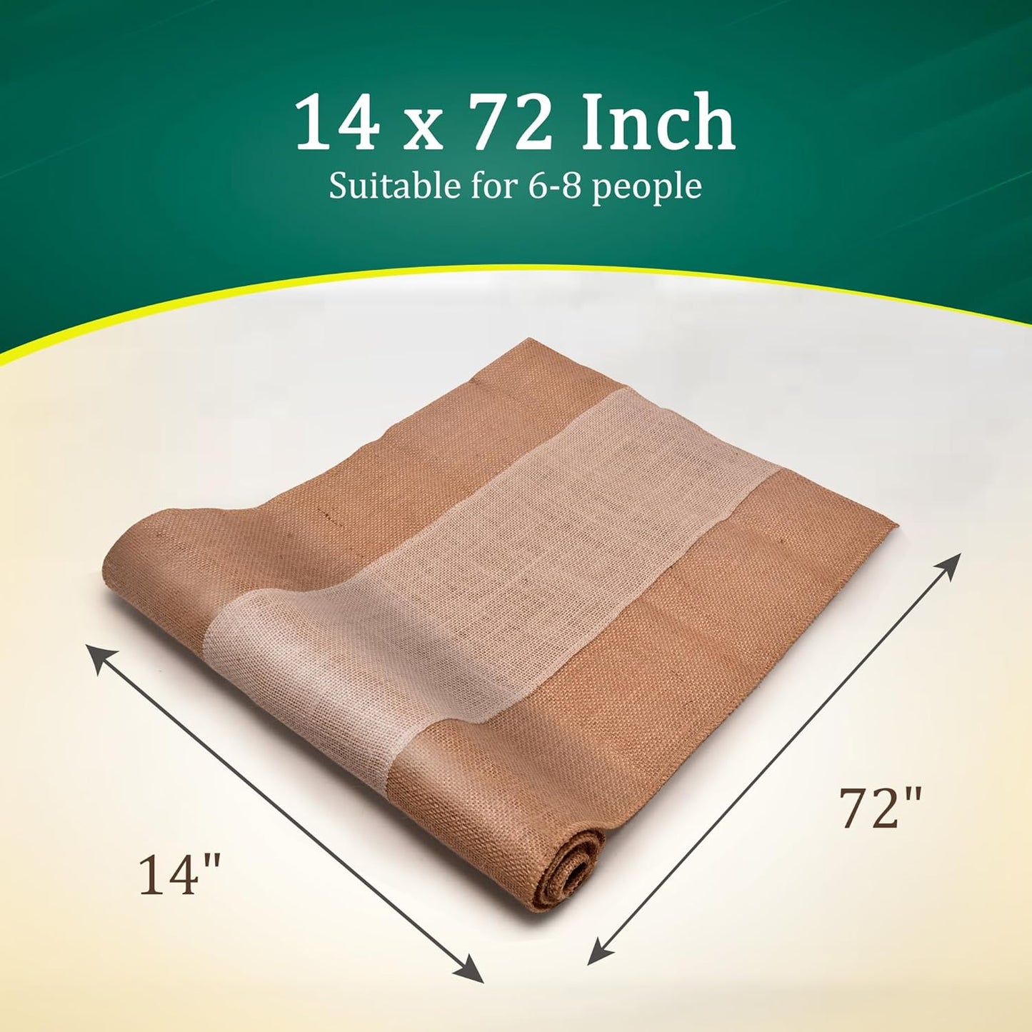 Burlap Table Runners (Pack of 6) – 14”x 72” - No-Fray Finished Edge Burlap Runner – No Odor Farmhouse Style White Stripe on Natural Table Runner - Perfect for Christmas, Wedding, Thanksgiving