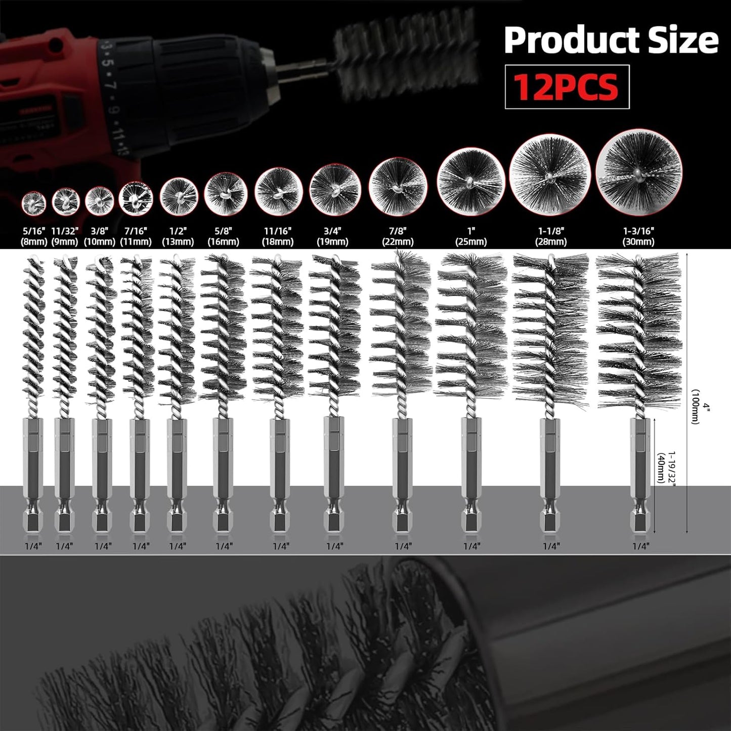 ASNOMY 12Pcs Wire Bore Brush for Drill,5/16"-1-3/16" Stainless Steel Wire Brush Bore Cleaning Brush Set for Power Drill Cleaning,Abrasive Drill Wire Brush with 1/4" Hex Shank