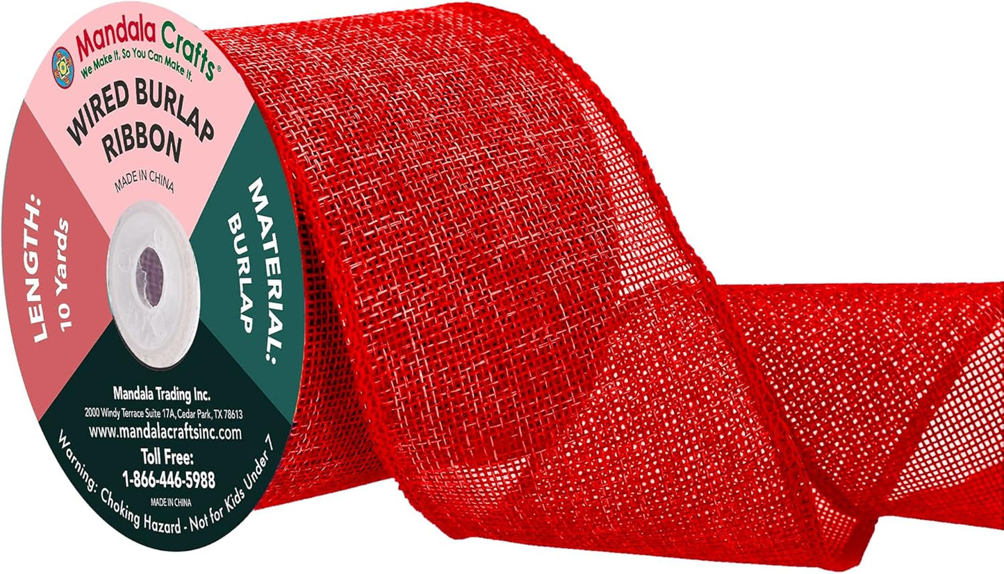 Mandala Crafts Red Burlap Wired Ribbon 3 Inches Wide Jute Ribbons for Crafts - 10 Yds Roll Rustic Burlap Wrap Trim Ribbons for Wreaths Bows Party Decoration
