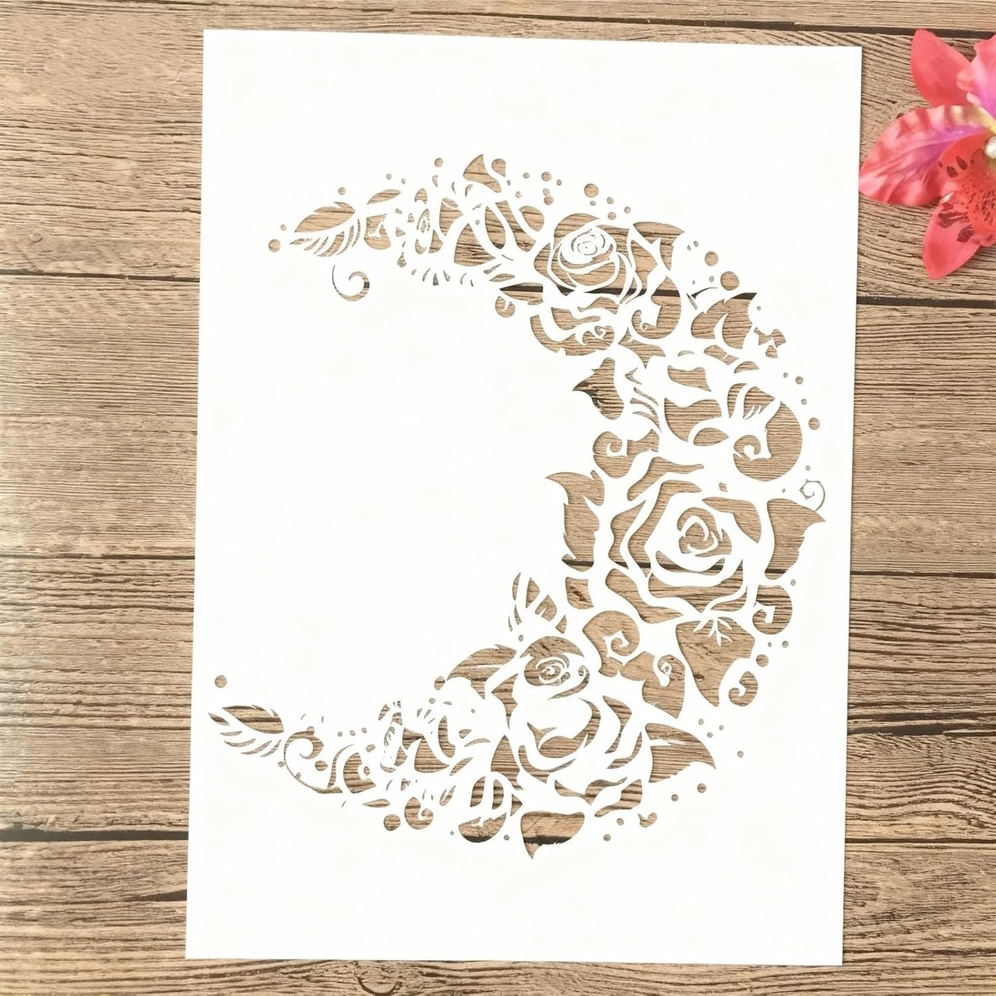 TIAMECH A4 Reusable Moon Flower Stencil for Painting - Rose Crescent Layering Template, DIY Wall Art, Wood Furniture, Scrapbook & Crafts (8.3x11.7inch)
