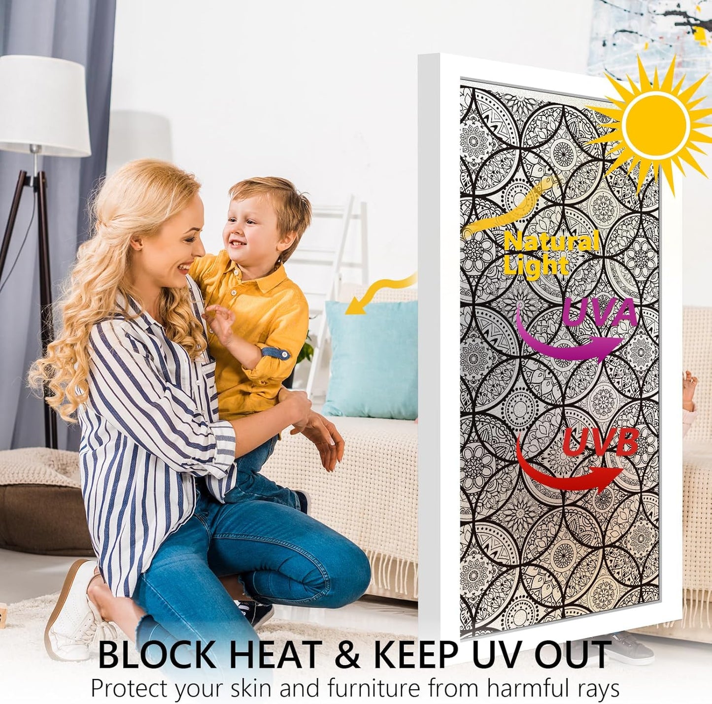 DKTIE Boho Stained Glass Look Window Privacy Film with Installation Tools, Decorative Frosted Glass Window Film Static Cling No Glue Removable, Pure Black, 35.4" x 78.7"