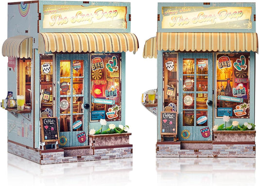 DIY Book Nook Kit, Miniature Dollhouse Bookshelf Insert with Light, Laser-Cut Wooden Craft Set for Adults, Perfect for Teens and Adults, Beach Bar