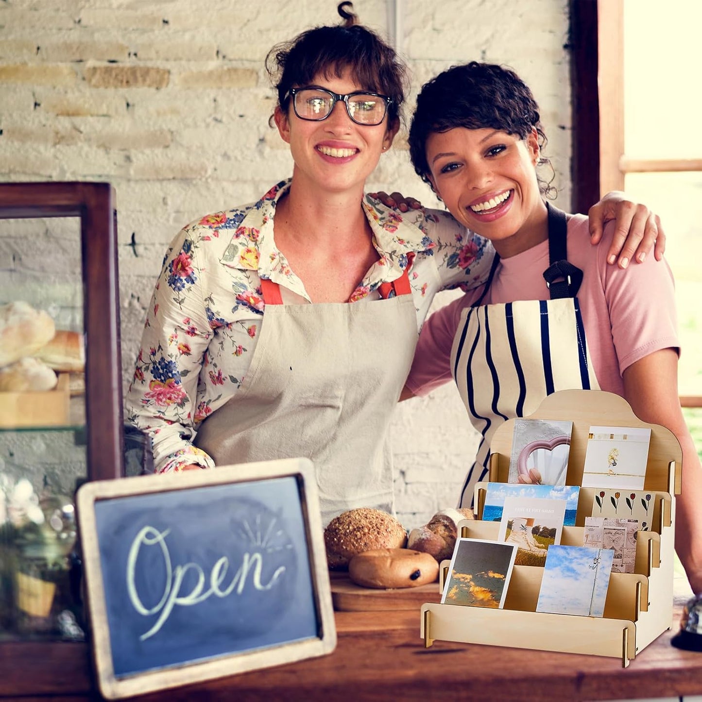 Barydat 2 Pcs 4 Tier Greeting Card Display Stand Wooden Sticker Display Stand Portable Card Display Rack for Vendors Retail Counter Table Display Trade Shows Showcase (Wood Color,11.8 Inch)