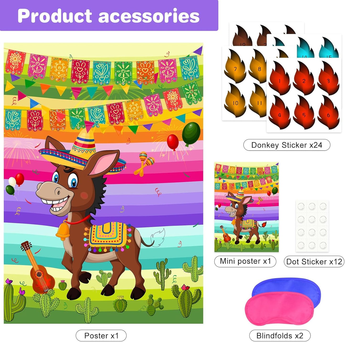 ASTARON Pin The Tail on The Donkey Mexican Donkey Game with 24pcs Tail Stickers for Cinco De Mayo Party, Mexican Party Fiesta Themed Party, Kids Birthday Supplies