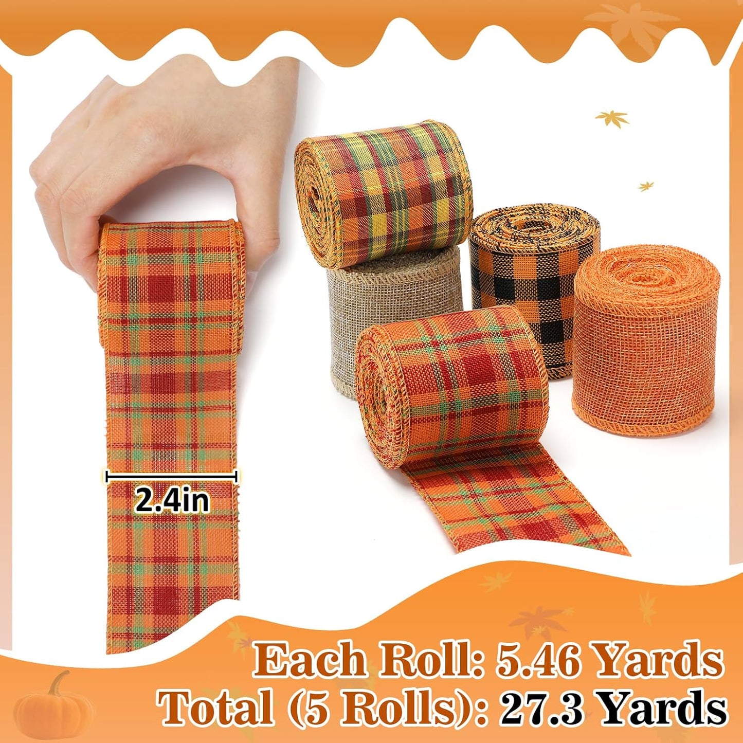 5 Colors Wreaths Burlap Ribbon - Total 27.3yards Thanksgiving Day Autumn Wired Edge Ribbon for Gift Wrapping Bows Rustic Crafts Supplies Weddings Holiday Fall Decorations - 2.4in Wide