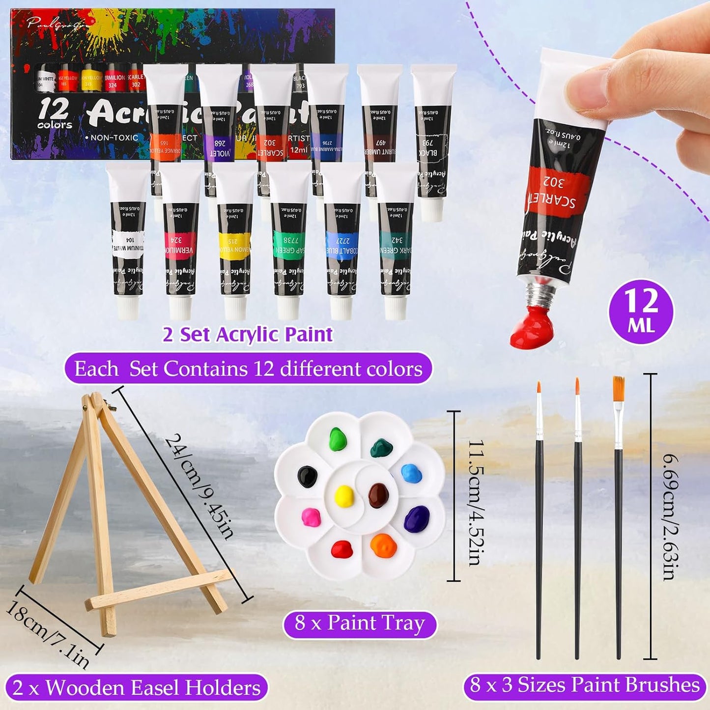 Cholemy 36 Pcs Paint and Sip Kit for Adults 8''x10'' Pre Drawn Canvas for Painting DIY Afro Acrylic Painting Kit Wood Easel Brushes Date Night Bulk for Christmas Party Gifts(Sunset)