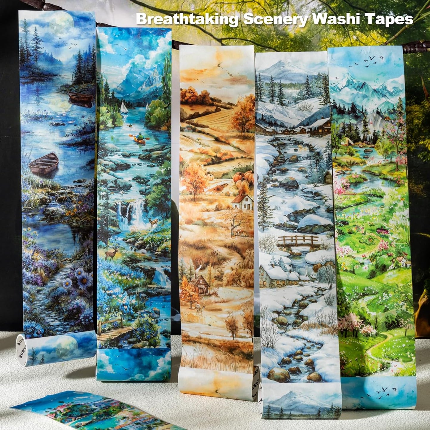 6 Rolls Seasons Landscape Washi Tape Set, 3.15in Large Nature Sticker Tape with Clip for Journaling, Scrapbooking, Planner Decoration, DIY Crafts and Art Projects