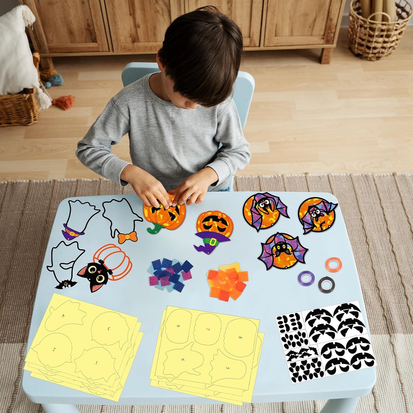 Renbuzhu 40PCS Halloweens Crafts Bulk: Ghosts Pumpkins Paper Suncatchers DIY Kit Party Activities Decorations, Window Stained Glass Effect Art Supplies