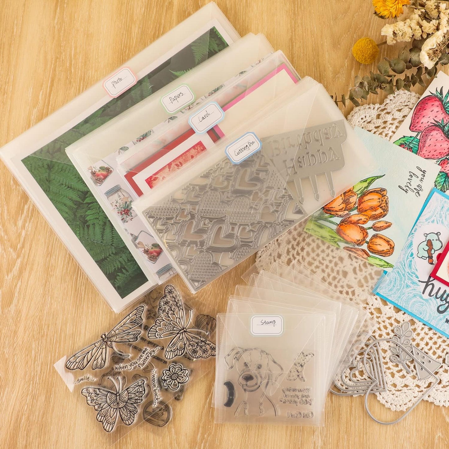 40 PCS Stamp and Die Storage Pockets 48 Label Stickers 4 Sizes Scrapbooking Storage Die Cuts Storage for Storage Card Making DIY Scrapbooking Paper, Cutting Dies Stencil Clear Stamp Crafts Storage