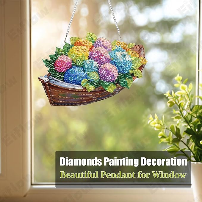 Eiflow Acrylic Diamond Art Hanging Ornament Kit for Adults Hydrangea Flower, DIY Diamonds Painting Door Hanger Board Kit, Special Crystal Diamond Art Painting Pendant
