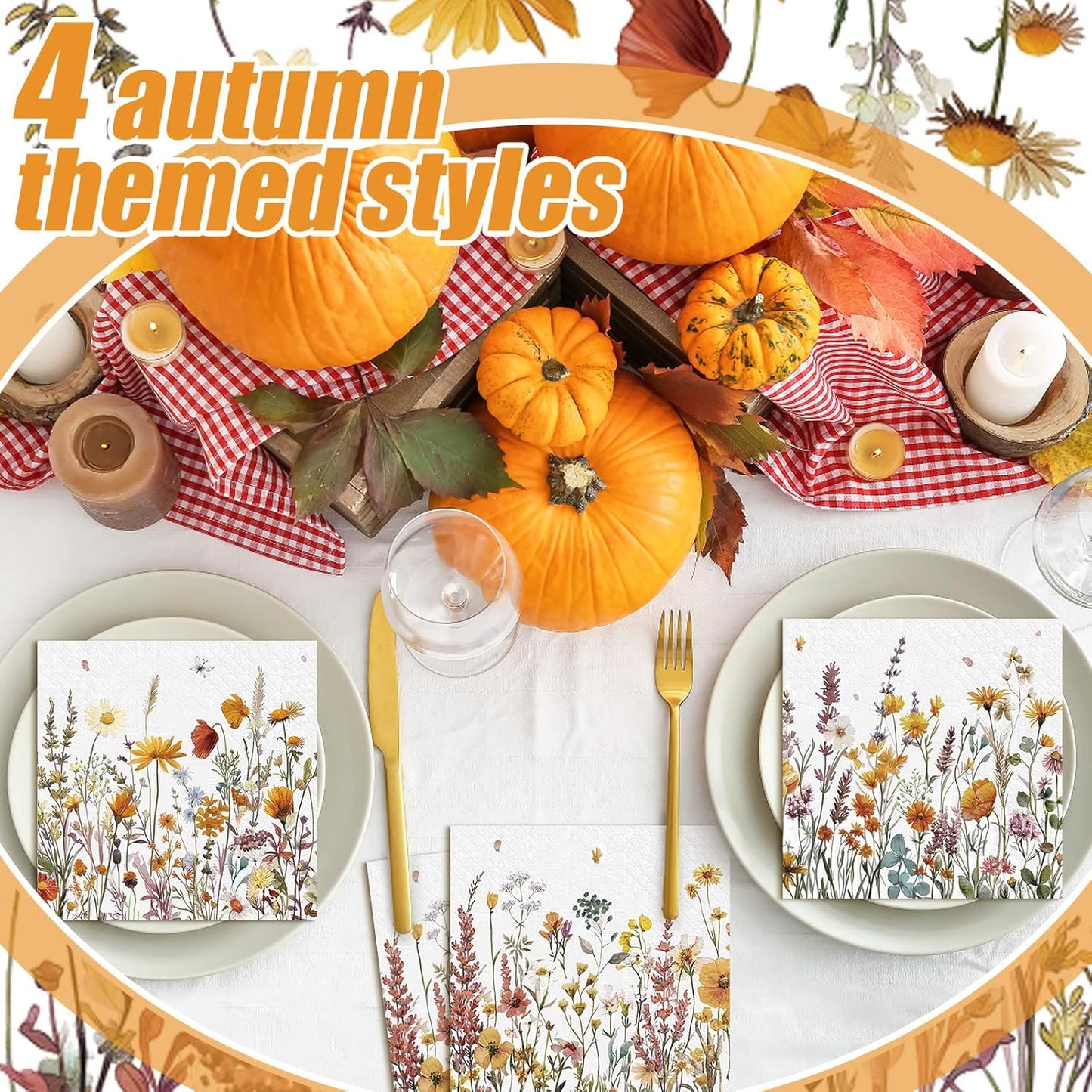 Fulmoon 200 Pieces Fall Floral Cocktail Napkins Disposable Autumn Flower Decoupage Paper Napkins Wildflower Beverage Towel for Thanksgiving Day Fall Party Favor Supplies