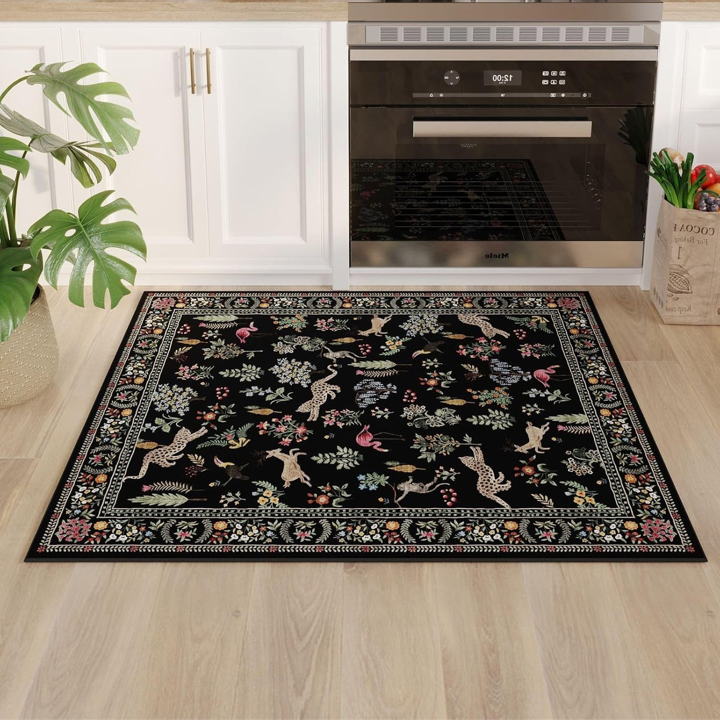 Rugcomf Door Mat Indoor Entrance 2x3 Rug Machine Washable Boho Floral Animal Small Area Rug Non-Slip Low Pile Throw Rugs for Entryway, Kitchen, Front Door Indoor Entrance, Entry, Kids Room (Black)