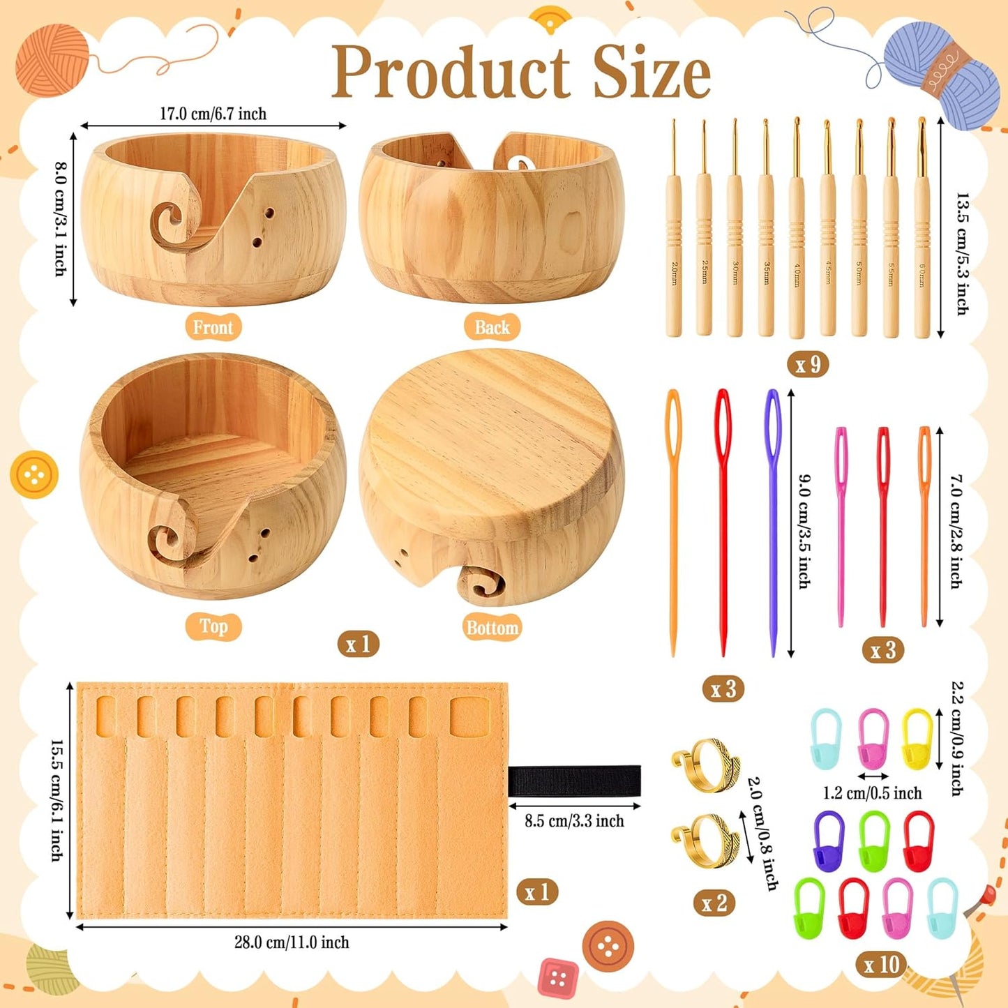 WATINC Wooden Yarn Bowl Holder Set - Large Crochet Yarn Storage Bowls with 9pcs Metal Knitting Hooks, Adjustable Loop Ring Stitch Markers with Box Crochet Gifts for Knitters Crocheters (Natural)