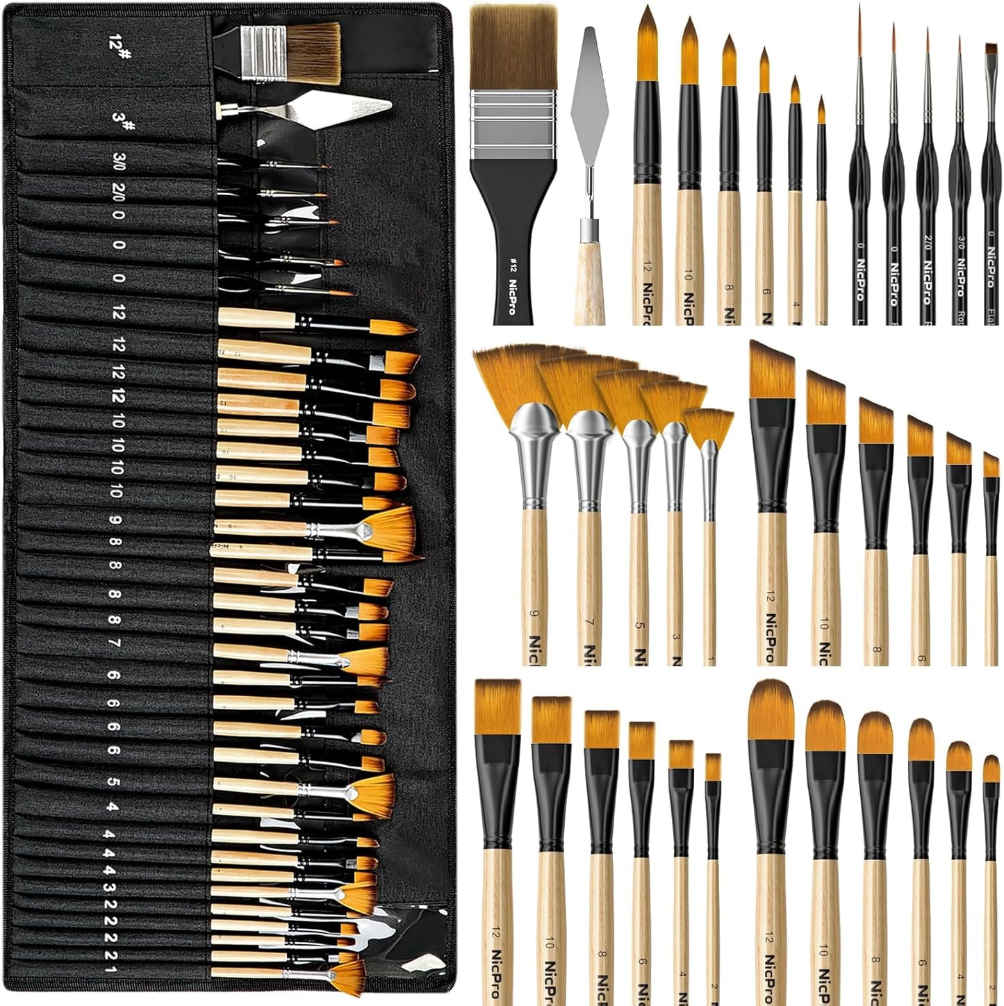 Nicpro 36pcs Paint Brush Set, Professional Paintbrushes with Palette Knife and Cloth Roll, Suitable for Acrylic Painting, Oil, Watercolor, Gouache, Art Supplies for Artists & Beginners (Wooden Color)