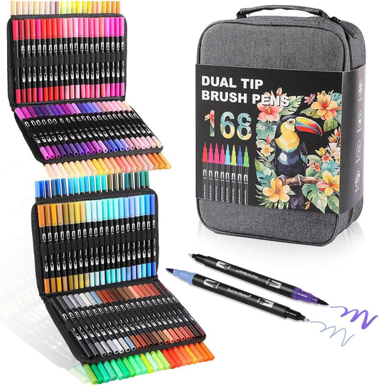 Dual Tip Markers, Double Brush Art Markers Set with Fine Tip and Brush Tip for Adult Coloring Book, Hand Lettering, Calligraphy & Drawing, Art Supplies Kit for Kids and Adults (168 Colors)