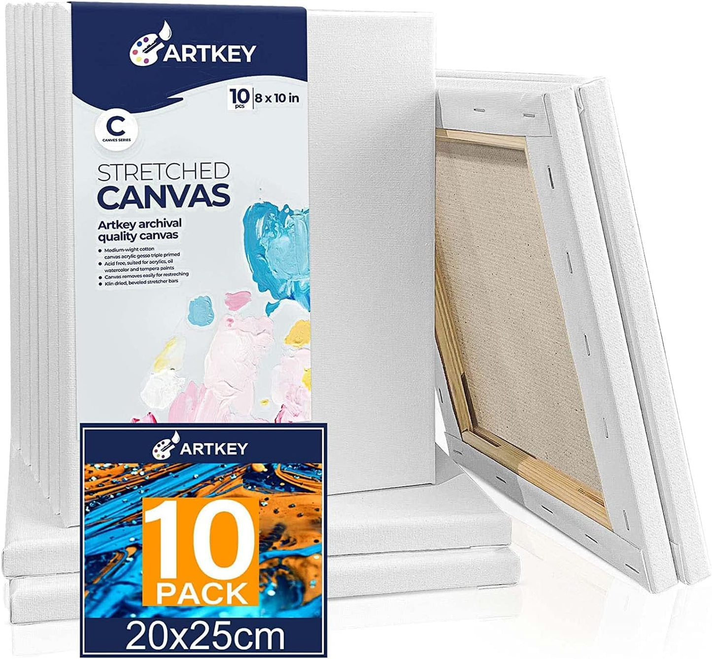 Artkey Canvases for Painting 8 x 10 Inch 10 - Pack, 5/8" Profile Stretched Canvas - 10 oz Primed, 100% Cotton White Blank Canvas - Art Paint Canvases for Acrylic Oil Paint