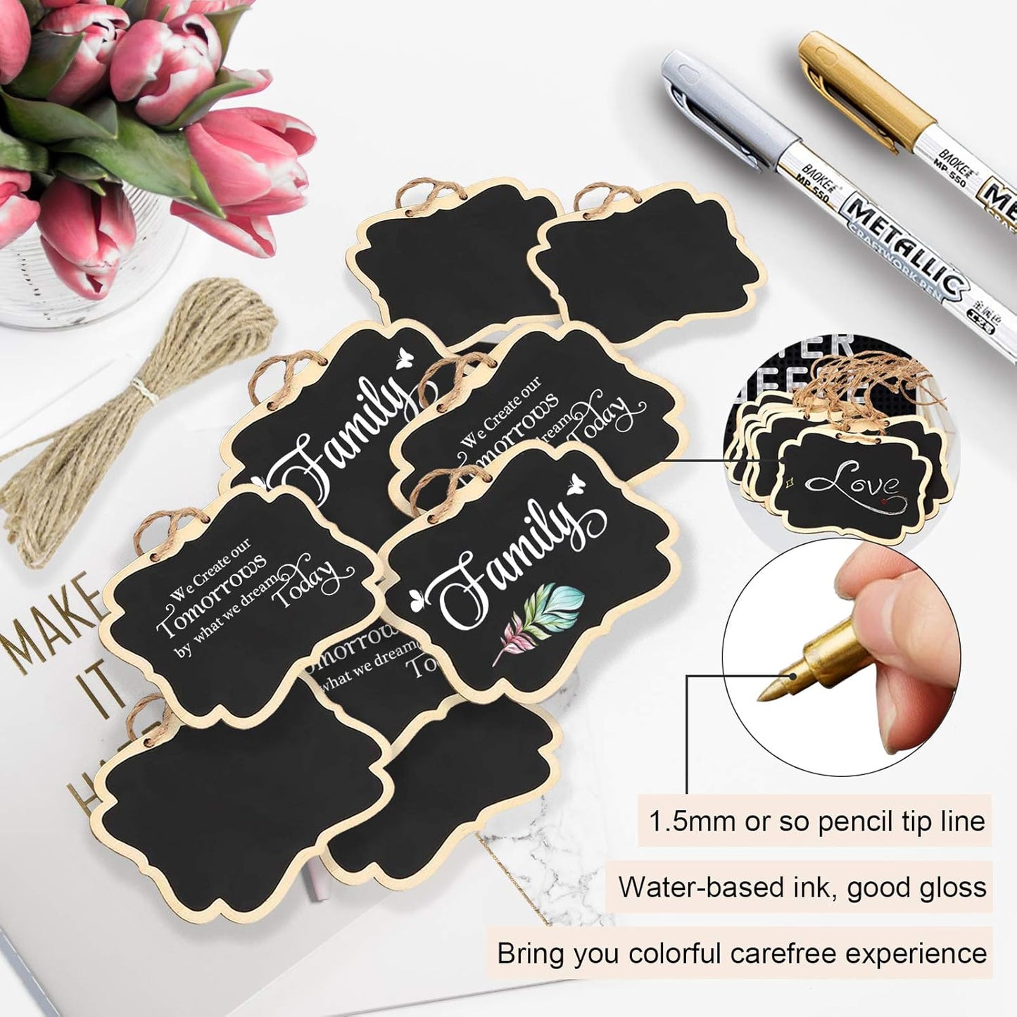 24PCS Reusable Chalkboard Tags with String, ULENDIS 2.36x3.35 Inch Wooden Chalkboards Signs with Gold and Silver Markers, Double-Sided Blackboard for Message Board Signs, Hanging Chalkboard Labels