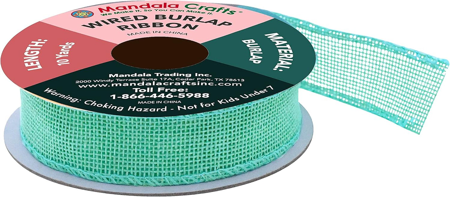 Mandala Crafts Turquoise Burlap Wired Ribbon 1 Inches Wide Jute Ribbons for Crafts - 10 Yds Roll Rustic Burlap Wrap Trim Ribbons for Wreaths Bows Party Decoration