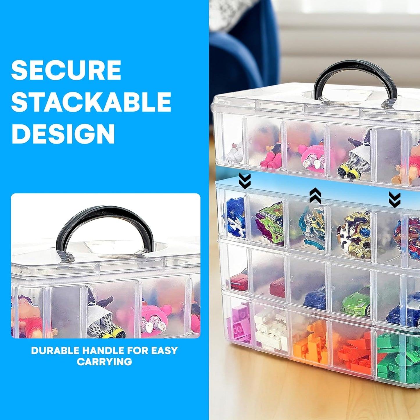 Bins & Things Clear 4-Tier Stackable Storage Containers with lids - 40 Adjustable Compartments for Craft Organizers - Storage box for Jewelry, beads, kids toys, makeup box and sewing supplies