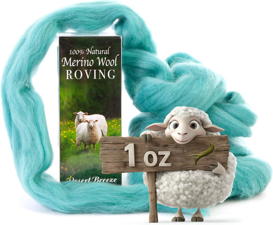 Desert Breeze Distributing 100% Natural Merino Wool Roving - Premium Combed Top Merino Roving Wool - Tapestry, Spinning, Wet Felting & Needle Felting Supplies - 21.5 Micron - 1oz Color Turquoise Green