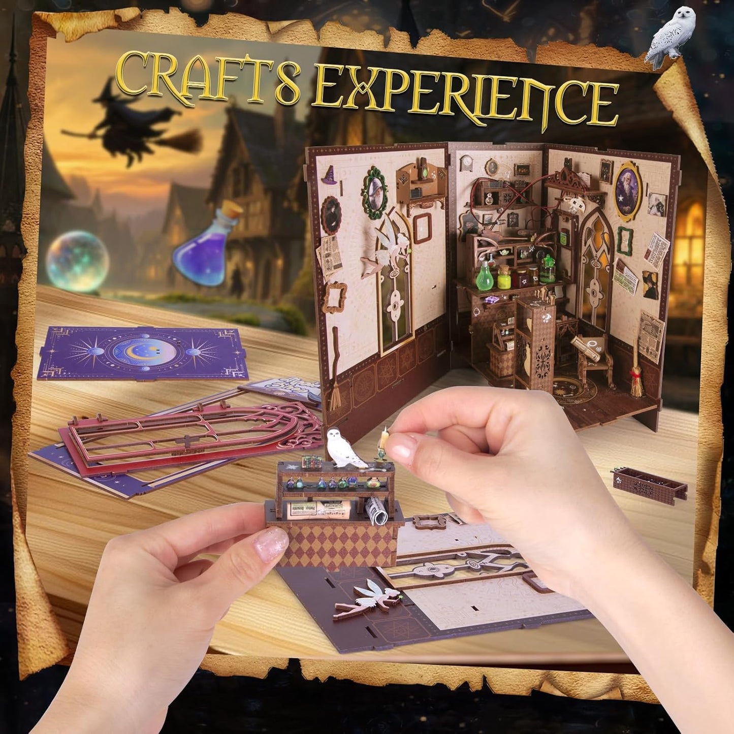 Glow in The Dark Book Nook Kits for Adults, Miniature House Dollhouse Kit for Teens, DIY Crafts for Adults, Bookshelf Decor Magic Shop with LED Light, Gifts for Family and Friends