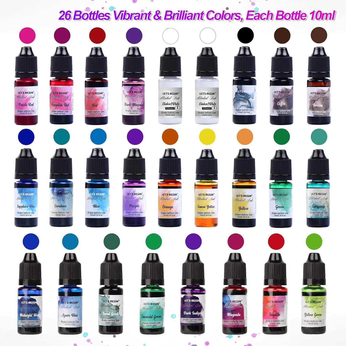 Alcohol Ink for Epoxy Resin LET'S RESIN Concentrated Alcohol Ink Set, 26 Vibrant Colors Alcohol-Based Resin Ink,Alcohol Paint Resin Dye for Resin Art, Tumblers, Resin Epoxy(Each 0.35oz)