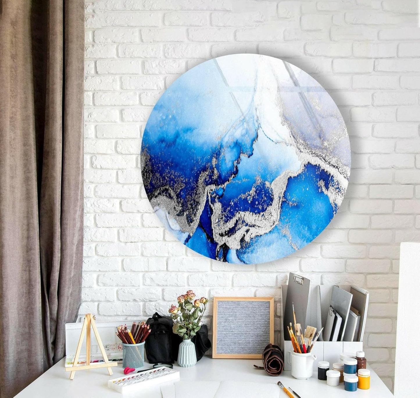 My Photostation.com 20''(50cm) Diameter Blue Marble Round with Silver Details Glass Wall Art Tempered Glass Printing Wall Decor Large Wall Art Wall Hangings