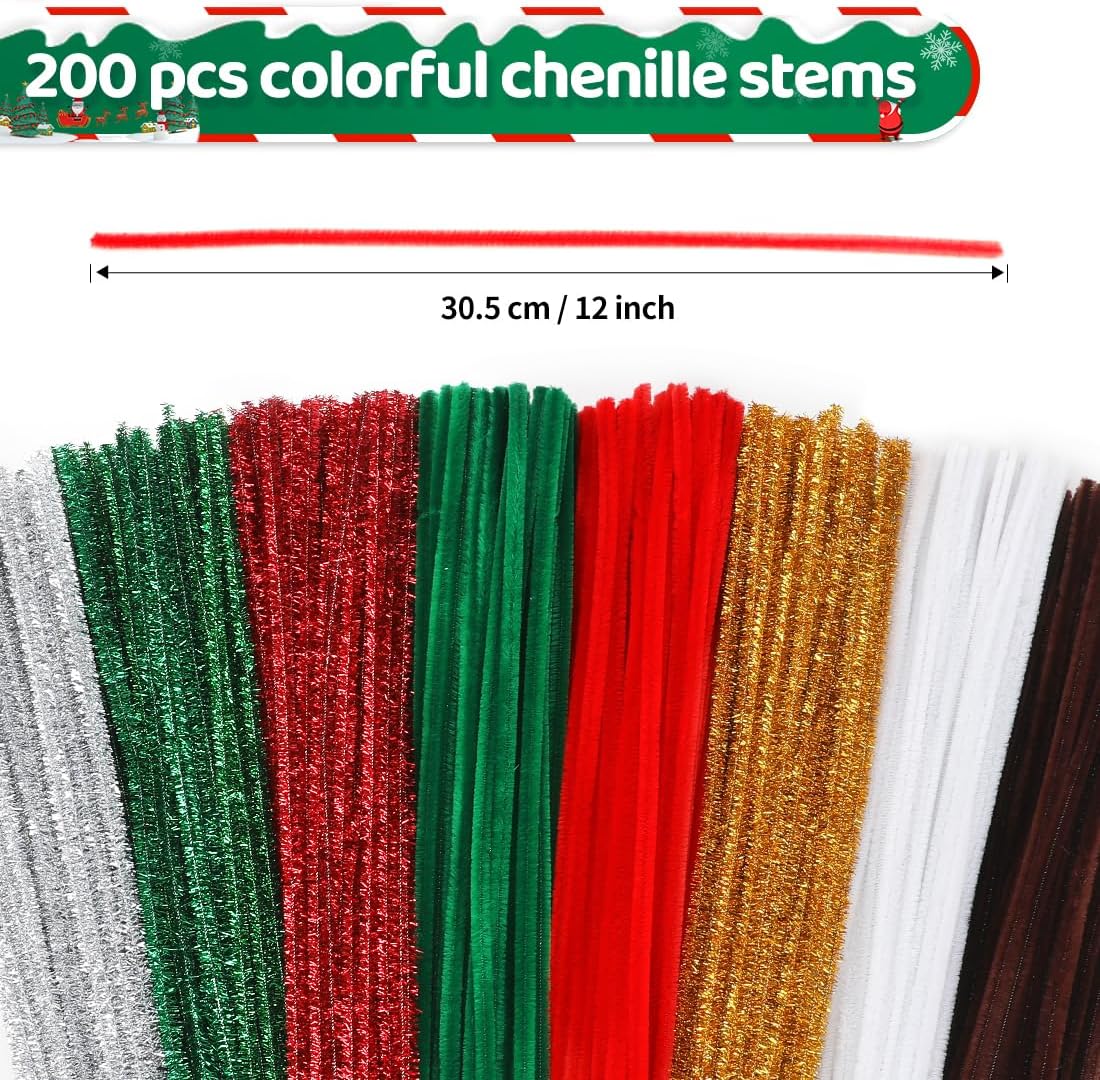 Eppingwin 200pcs Pipe Cleaners, 8 Colors Pipe Cleaners Craft Supplies, Chenille Stems for DIY Arts Crafts Project (Christmas Colors)