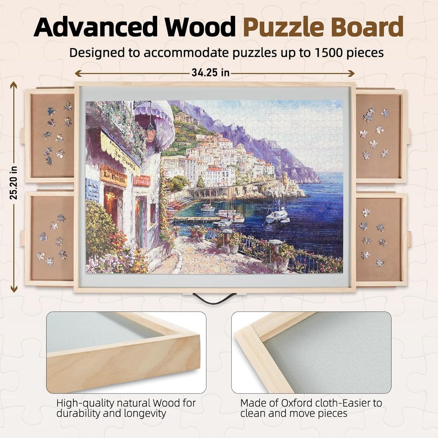 ALL4JIG 1500 Pieces 2-in-1 Tilting & Rotating Puzzle Board for Adults Gifts, Wooden Jigsaw Puzzle Table with 4 Drawers, Portable Board with Lazy Susan and Cover, 25.2" x 34.2"