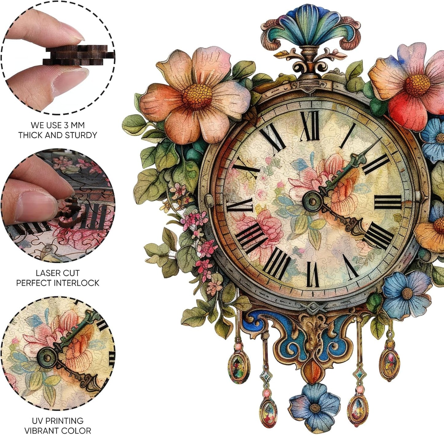 Wooden Jigsaw Puzzles 500 Pieces, Flower Clock Wooden Puzzles for Adults, 18.5'' x 16'' Unique Shaped Wood Puzzle, Beautiful Package, Best Gift for Adults and Kids, Family Game