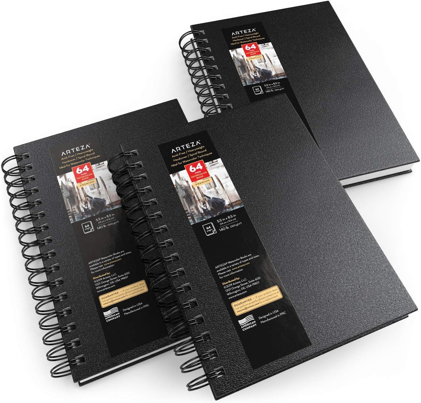 ARTEZA Watercolor Sketchbook Set, 3-Pack, 64 Pages per Book, 5.5 x 8.5 Inches, Black Hardcover Spiral Notebooks, 140-Pound Premium Watercolor Paper for Artists