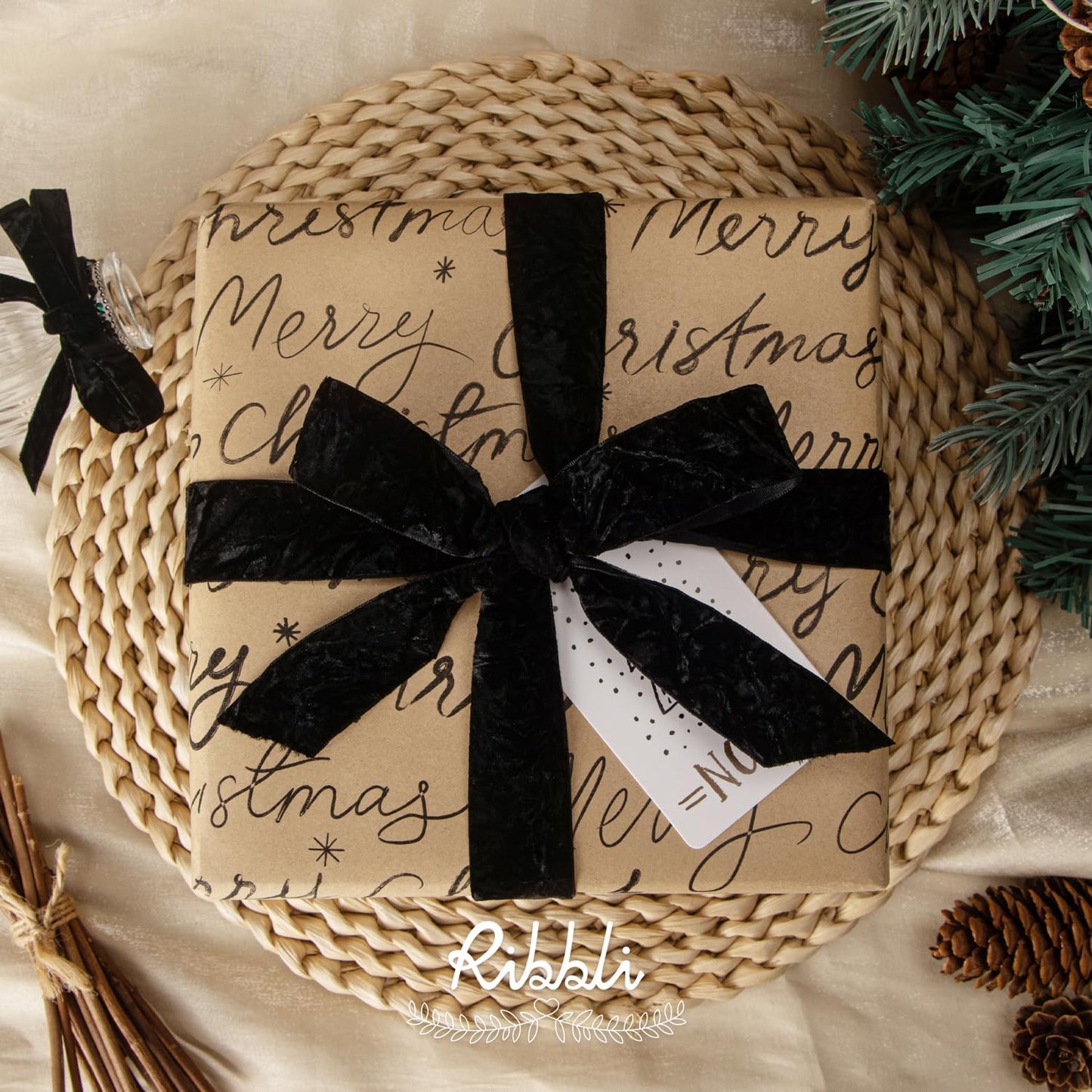 Ribbli Black Velvet Ribbon 1 Inches Luxury Crinkled Black Christmas Ribbon for Gift Wrapping Crafts Home Decor-Continuous 10 Yard