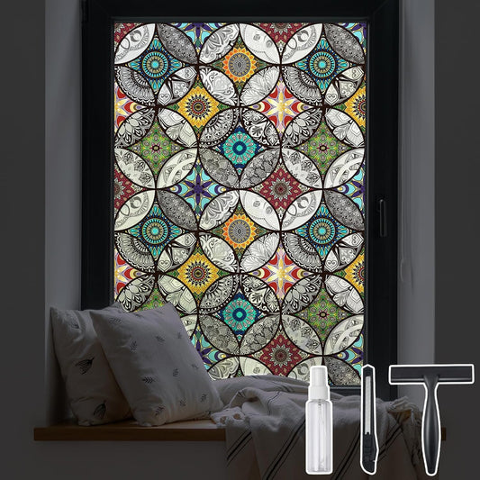 DKTIE Boho Chic Window Privacy Film with Installation Tools - Soften Light, Reduce UV Rays, Decorative Stained Glass Window Tinting Film for Home, Window Clings, 17.7 x 118.1 Inch