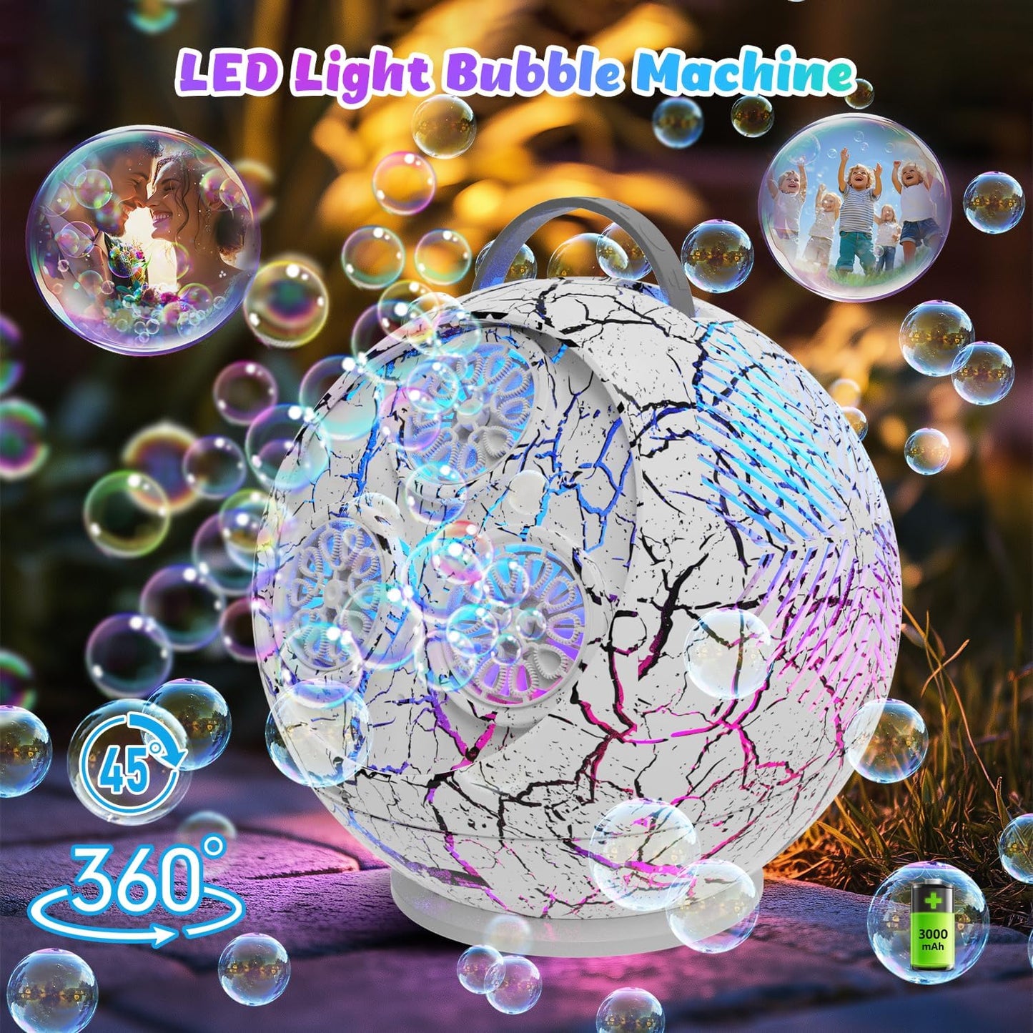 Bubble Machine for Kids Toddlers,45°/360° Rotatable Spherical Bubble Maker Toy with LED Light,Rechargeable Bubble Blower for 3 4 5 Year Old,Wedding Party Easter Birthday Gifts -Spherical White Crack
