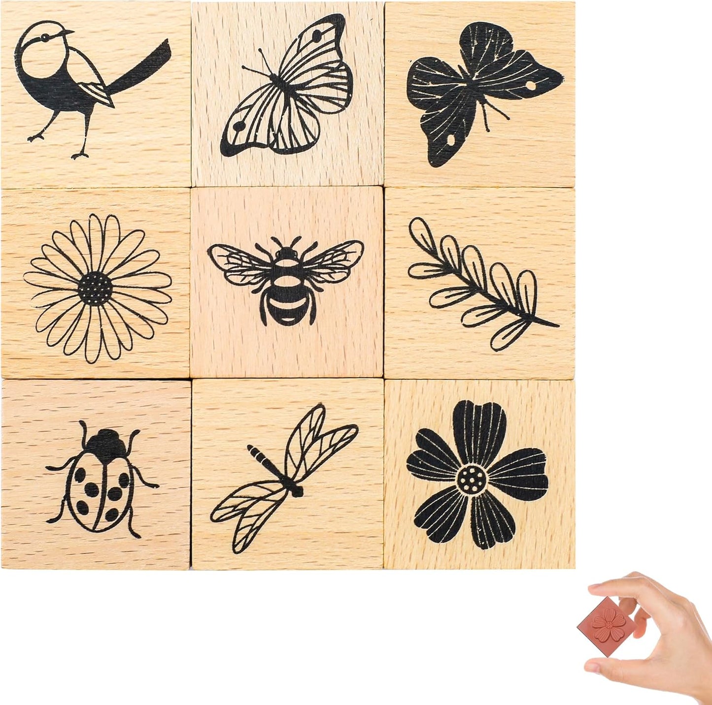 9 PCS Vintage Wooden Rubber Stamps, Wood Stamps for Crafting Pattern of Butterfly Bird Ladybird Flower Plant, Ink Rubber Stamp Set for Scrapbooking, DIY Art and Journals