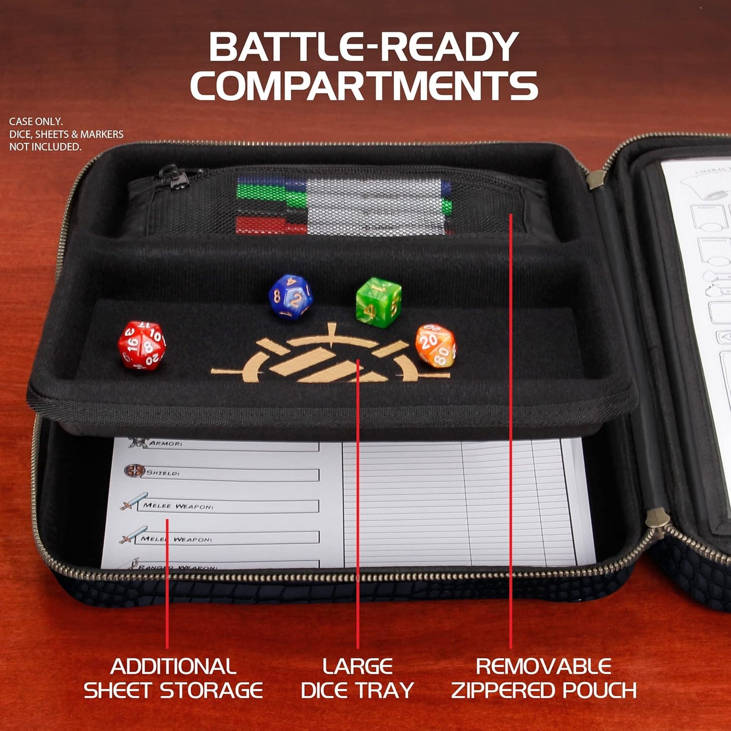 ENHANCE RPG Organizer Case - DnD Binder with Built-in Character Sheet Holder and Erasable Scribe Panel, Dice Rolling Area, Removable Pen Pouch, Miniature Foam Tray, Wrist Strap