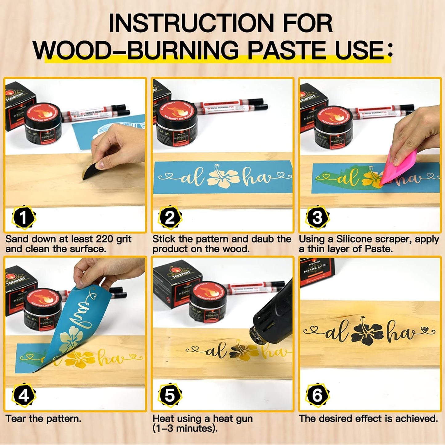 Teexpert Wood Burning Gel Pen Kit, 4 OZ Paste, 2 Double-Sided Scorch Pens, 4 Tips, Squeegee, Sandpaper for DIY Heat Sensitive Wood Crafts Suitable for Artists & Beginners