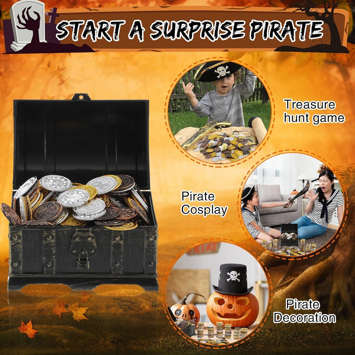 Hanaive 100 Pcs Pirate Coins Plastic Kids Fake Play Replica Spanish Doubloons St. Patrick's Coin for Pirate Party Treasure Chest Board Games Tokens Toys Cosplay (Gold, Silver, Bronze,Round)