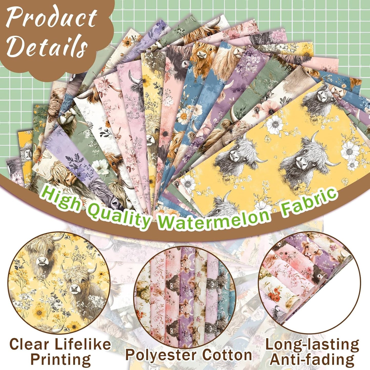 Ganeen 60 Pcs 10 x 10 Inch Highland Cow Quilting Fabric Squares Vintage Highland Cow Fat Patchwork Precut Strips Retro Multicolor Fabric Bundles for Holiday DIY Craft Sewing Quilt Material Handmade