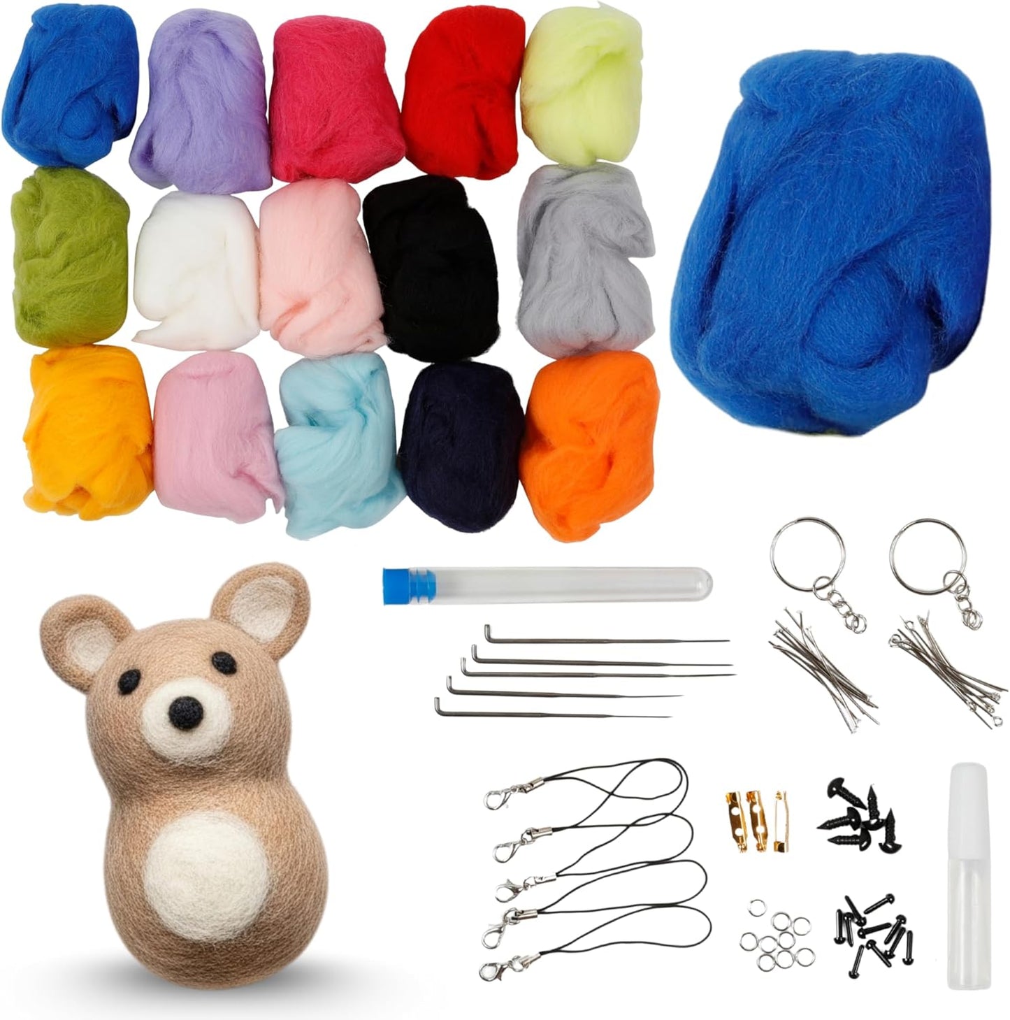 Incraftables Felting Needles Wool Roving Kit - Needle Felting Kit for Beginners, Adults & Kids – Wool Felting Kit with Plastic Eyes, Keychains, Glue & Accessories – 15 Colors