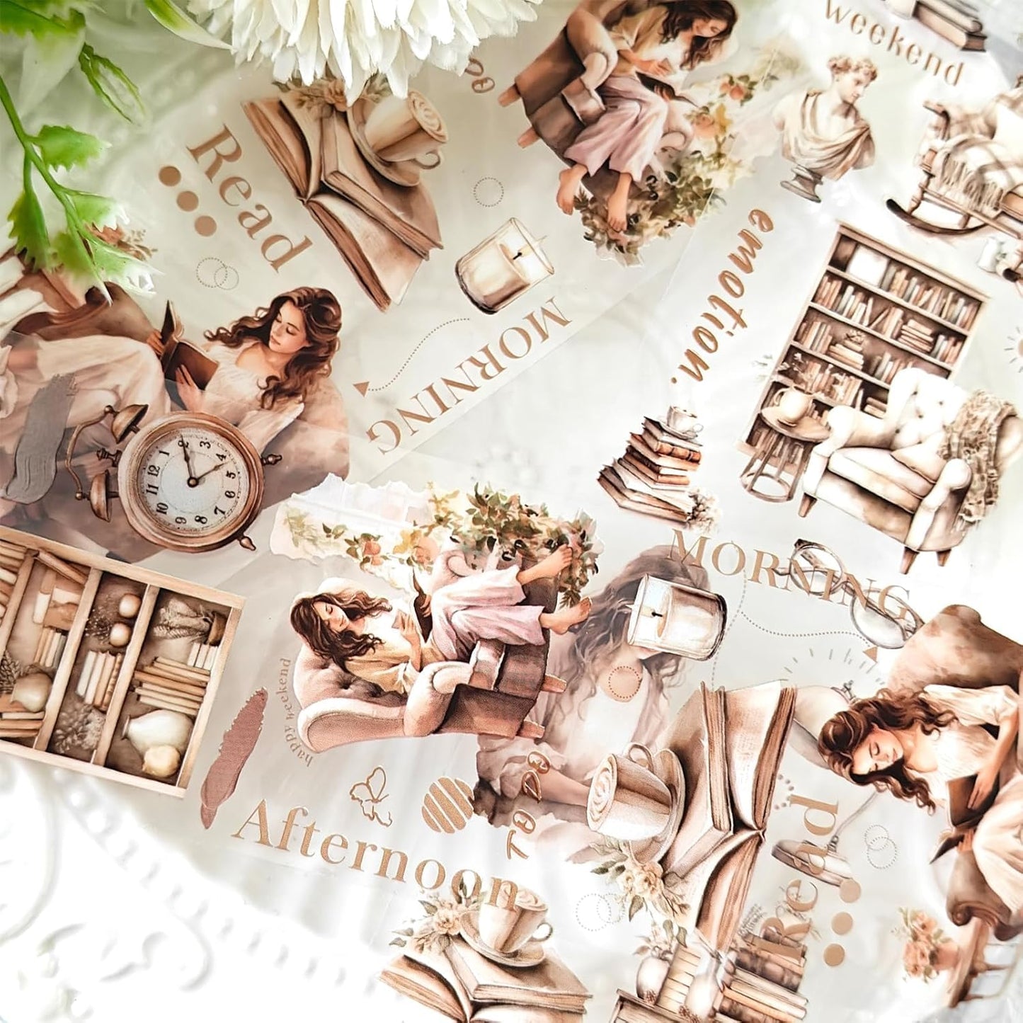 6 Rolls PET Tape Set for Junk Journal,Reading Theme Scrapbook Tape Stickers for Journaling Supplies,Scrapbook Supplies,Album,DIY Craft(Reading)