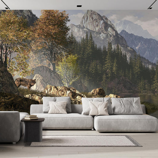 wall26 Wall Sticker/Wall Mural Wolf Near a Lake in a Rocky Mountain Landscape, Not Peel and Stick, Non-Woven Wallpaper Decorative for Bedroom, Living Room, Office - 100x144 inches
