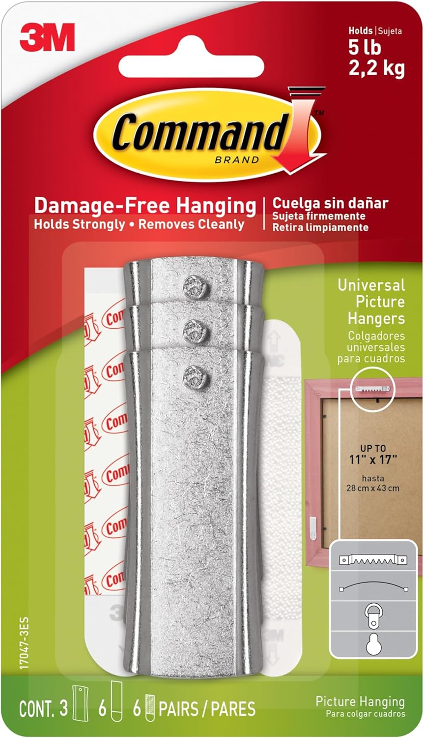 Command 5 lb Universal Picture Hanger, 3 Frame Hangers, 6 Command Strips and 6 Frame Stabilizer Strips for Sawtooth, D-Ring, Wire, Keyhole and Other Frames, Damage-Free Hanging for Home Decor