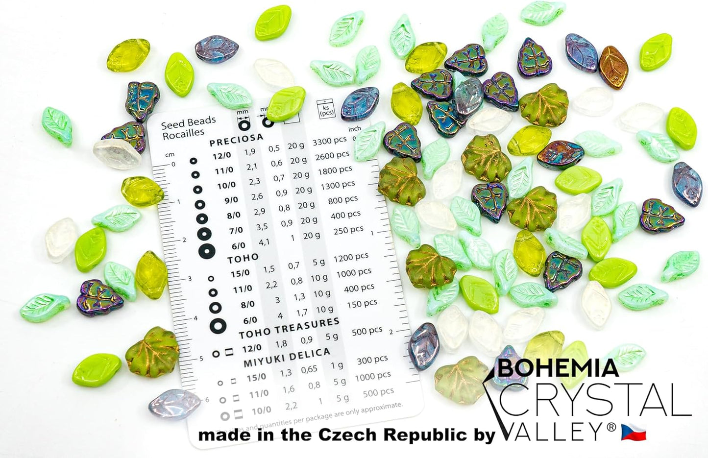 1.4oz (40g) Summer Mix of Small Czech Glass Leaf Beads, Hand Made Set Kit, Leaves 01