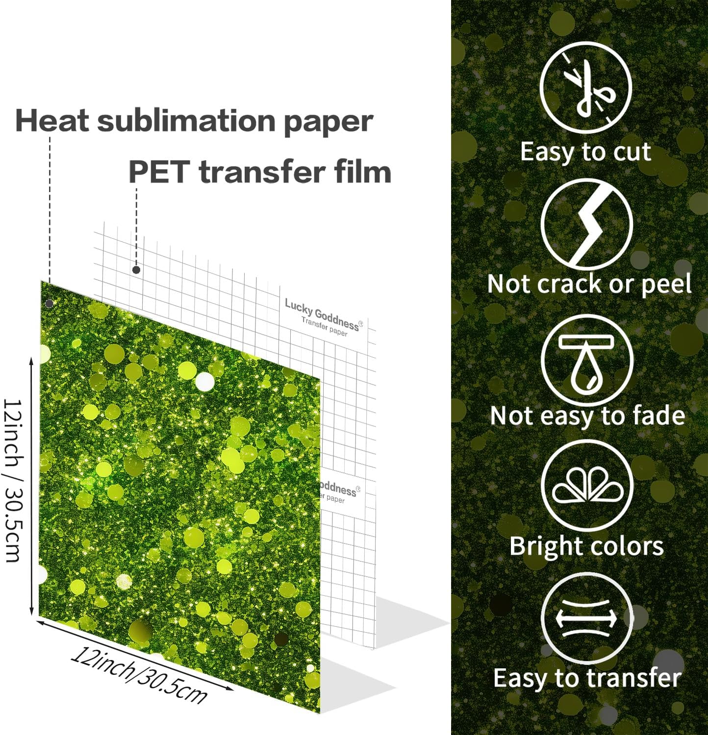 Glitter Sublimation Transfer Sheets for Heat Press Machine,Green P Gold Sublimation Paper for Tumblers Blanks Tshirts,12 Sheets 12x12inch