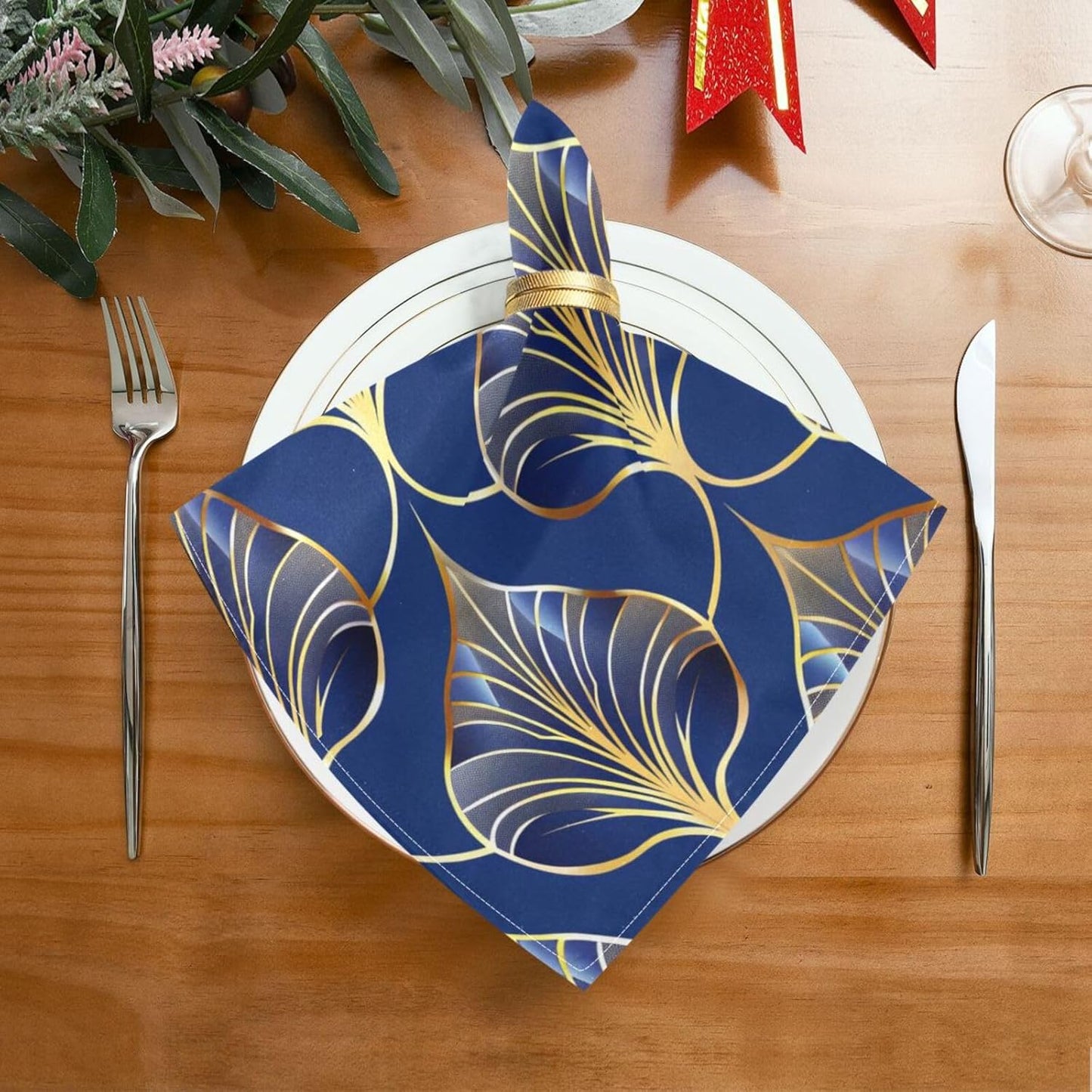 ALAZA Art Deco Floral Royal Blue & Gold Cloth Napkins Set of 1, 20x20 Inch Washable and Reusable Napkin for Decoupage Dinner Party Everyday Use