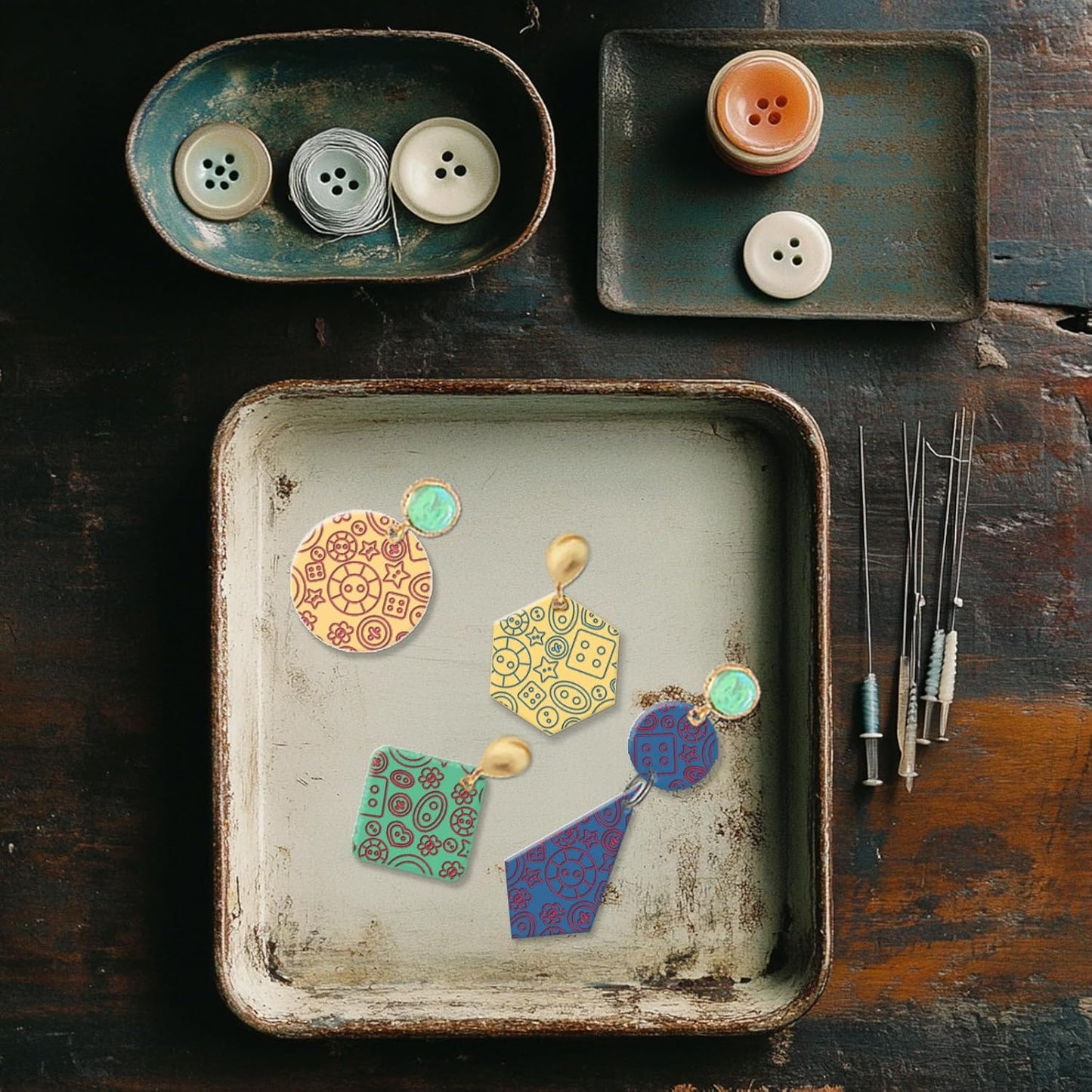 CHGCRAFT Button Pattern Polymer Clay Texture Sheets Heart Graphic Geometric Silicone Texture Stamp Clay Texture Mat Modeling Pattern Pad Sheets for Jewelry and Earrings Tools, 5.5x5.5 inch